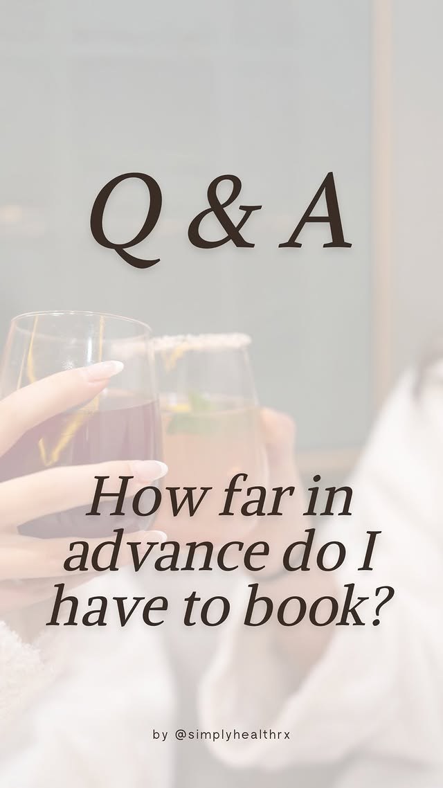 Q&A Series, Part 1 You asked: How far in advance do I need to book? Answer: For evenings + weekends, we recommend booking 1–2 weeks ahead to get your ideal time. For non-peak hours, booking about a day in advance is usually perfect Book online or call us at 814-954-7731 to reserve your spot! #simplyhealthrx #statecollegepa #happyvalleypa #bestspa