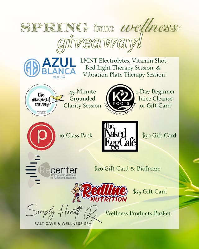 Photo by Azul Blanca Med Spa in Azul Blanca Med Spa with @thenakedeggcafe, @k2roots, @re.centerchiro, @thegroundedcanary, @purebarre_statecollege, @simplyhealthrx, @redlinenutrition_sc, @azul_blanca_med_spa, and @azulblanca_emily. May be a graphic of magazine, poster and text that says 'SPRING into wellness giveaway! givea A BLANCA AZUL LMNT Electrolytes, Vitamin Shot, Red Light Therapy Session, & MED SPA Vibration Plate Therapy Session the grounded canaлy ジる茶 45-Minute Grounded Clarity Session ROOTS OO ERCUNO 1-Day Beginner Juice Cleanse or Gift Card 10-Class Pack p The Naked $30 Gift Card EggCafé afé Recenter Functional Chiraproctic Merficina $20 Gift Card & Biofreeze Redline $25 Gift Card NUTRITION Simply Heatf R SPA Wellness Products Basket SALT CAVE & WELLNESS'.